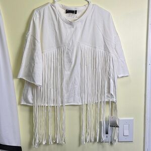 ASOS Ivory Fringe Short Sleeve Cropped Tee